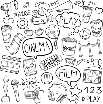 Cinema Film Traditional Doodle Icons Sketch Hand Made Design Vector