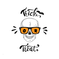 Trick or treat lettering with a skull for halloween party invitation, poster, banner, card. Vector illustration