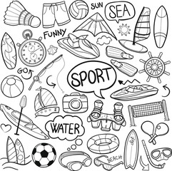 Obraz premium Sea Water Sports Traditional Doodle Icons Sketch Hand Made Design Vector