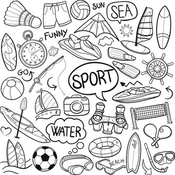 Sea Water Sports Traditional Doodle Icons Sketch Hand Made Design Vector