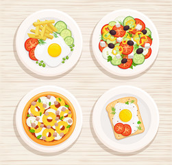 Set of four cooked dishes. Fried egg with french fries, Greek salad, egg sandwich, pizza with chicken and pineapple. Top view . Vector illustration.