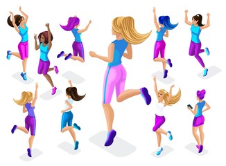 Isometric of a big girl athlete against a background of small, fitness jumping, running around, front and back view, colorful clothes and sneakers playing spo7
