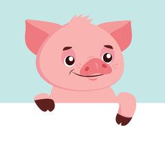 Funny Cartoon Pig Vector Character. Happy Pig With Signboard Mascot. Character. Pig Holding Banner. Cute Animal. Vector Illustration Isolated On White Background.