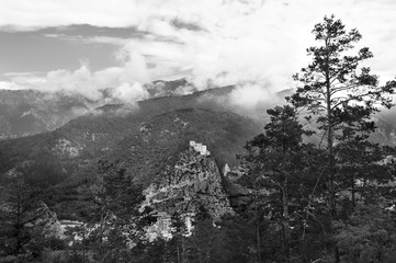 View through pine trees of medieval town of Entrevaux with its fortress on the cliff....
