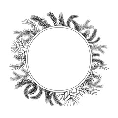Round winter plants frame. Circle vector border. 