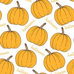 Halloween pattern, hand drawn vector background with pumpkins
