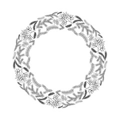 Wreath for Christmas decoration. Winter holiday fir, pine tree branches frame. Festive design garland. Vector isolated illustration.
