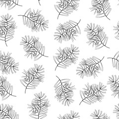 Seamless coniferous pattern. Pine branch for merry Christmas decoration. Winter holiday hand drawn background. Vector isolated illustration.