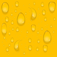 Pure water, oil, honey, rain realistic drops on transparent background of beer glass, bottle or golden foil. Vector isolated illustration.