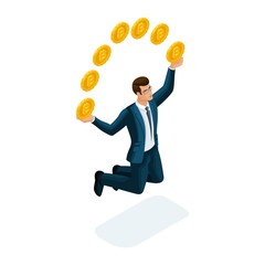 Isometric businessman is happy to throw up coins, jumping concept of a successful financial transaction with Bitcoin. Vector illustration of a financial investor
