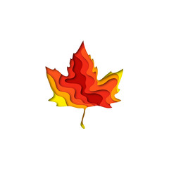 Paper cut set of autumn maple leaves shape 3D design. Template of lettering for postcard, banner, poster, placard.  Colorful vector illustration.
