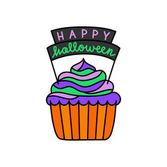 Cute hand drawn cupcake vector illustration. Halloween themed and decorated cupcake in orange paper cup with colorful frosting and Happy halloween writing, isolated.