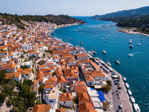 Aerial view of houses and sea Marina in Poros island, Aegean sea, Greece.