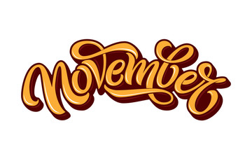 Obraz premium November typography on a white isolated background. Brush calligraphy for banner, poster, greeting card. Vector handwritten lettering for greeting card, banner for social media.