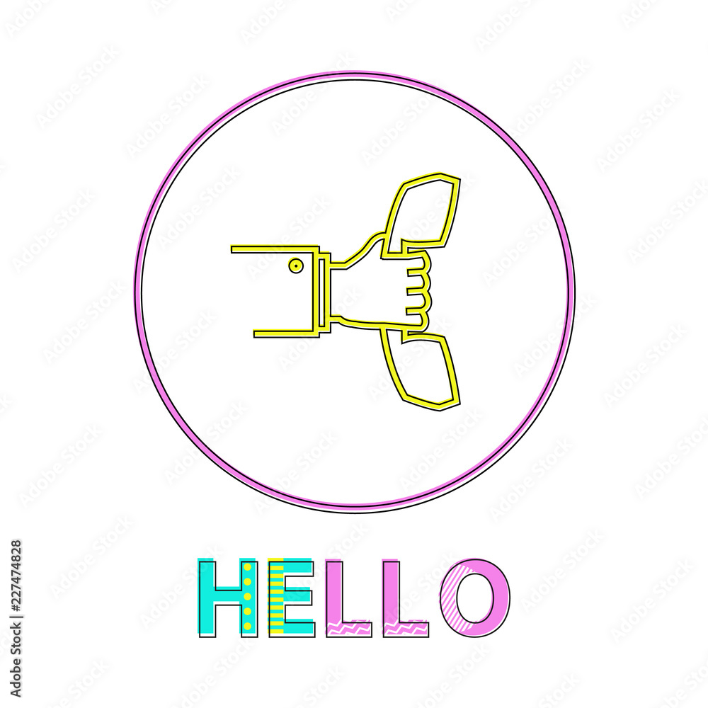 Poster hello round linear icon with reciever in hand