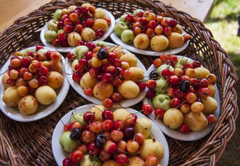 Naklejka na ściany i meble Plates of fresh delicious Armenian apricots, apples and cherries