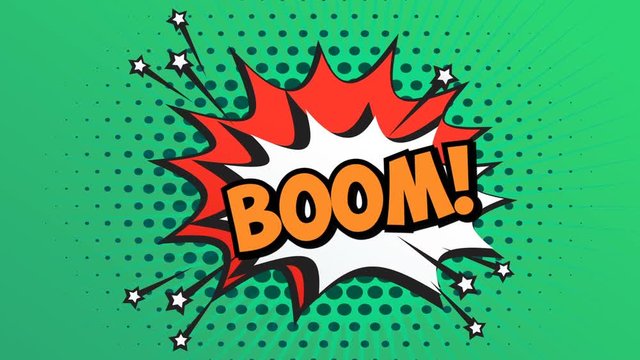BOOM Word Retro Cartoon Comic Bubbles Popup Style Expressions. Colored Bomb and Smoke Strip Dotted with red Speed Radial line. Seamless loop Animation