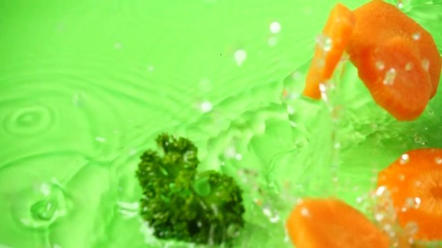 	Falling of segments of carrots and parsley. Slow motion.