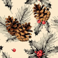 Papier Peint photo Motifs de Noël Modèle sans couture avec des feuilles de houx et des pommes de pin