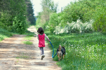 Little girl with dog walking on the road in the countryside. Back to the camera