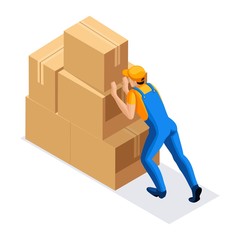 Isometric man in uniform pushes a large mountain of cardboard boxes, rear view. Warehouse Concept. 3D character of emotion. Vector illustration