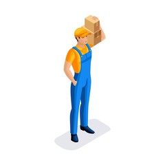 sometric man in uniform hold many cardboard boxes with orders. Fast delivery van. Delivery man. 3D character of emotion. Vector illustration