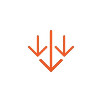 three red thin arrows down icon. download sign. Fall, decrease symbol isolated on white.