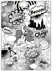 Naklejka premium Black and white comic book page divided by lines with speech bubbles, rocket, superhero hand and sounds effect. Vector illustration