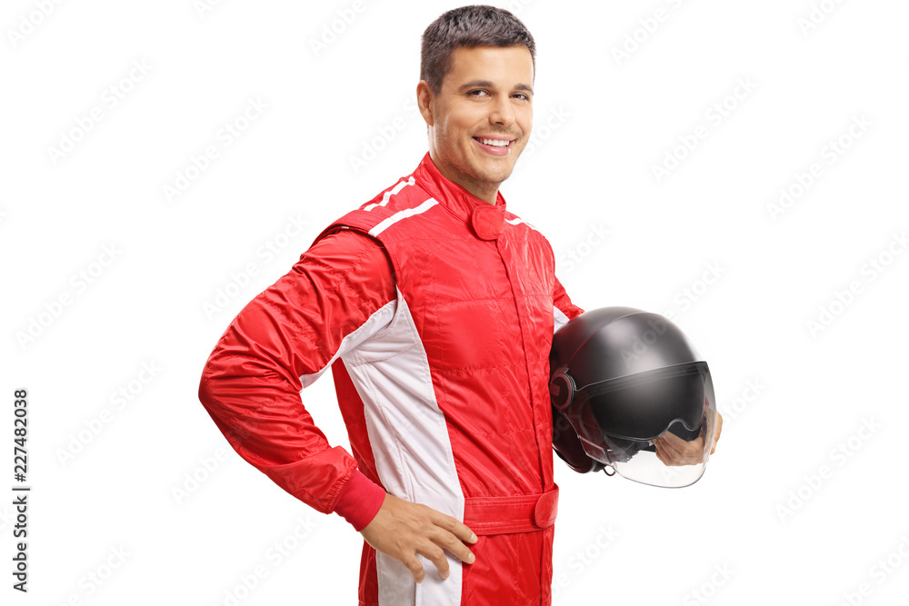 Poster racer holding a helmet and smiling