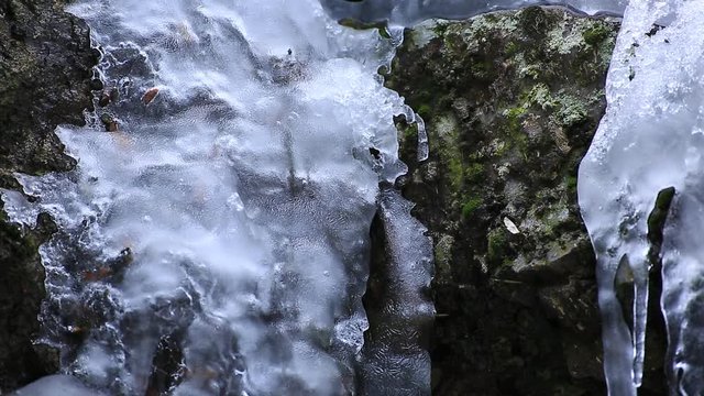 Acqua ruscello che scorre sotto  stalattiti di ghiaccio
