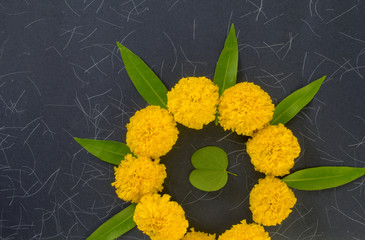 Dashera Festival apta leaf with marigold flower rangoli