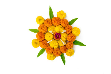 Dashera Festival apta leaf with marigold flower rangoli