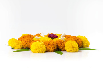 Dashera Festival apta leaf with marigold flower rangoli