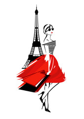 beautiful fashion woman in Paris - french fashionista with shopping bags and eiffel tower vector design - obrazy, fototapety, plakaty