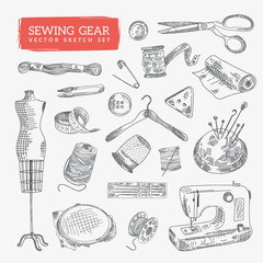 Hand-drawn sewing gear and tools. Cool sketch icons set. Eps10 vector.