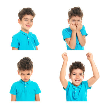 Little boy with different emotions on white background