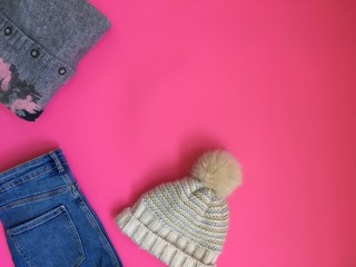 Woman fashion winter clothes, top view.