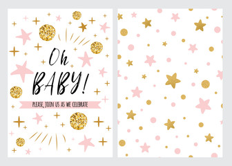 Vector set Baby shower invitation template, backgtround with pink stars design text Oh Baby