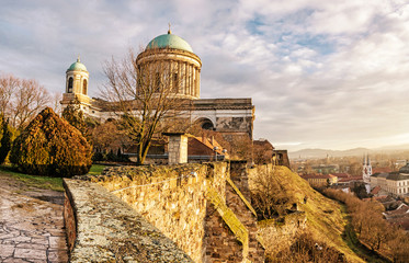 Beautiful basilica in Esztergom et sunset, yellow filter