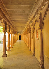 Interior architecture of a long corridor at bagore ki haveli.