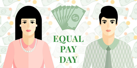 Vector flat  illustration for Equal Pay Day with man and women icons, background with falling dollar banknotes and coins. Dedicated to raising awareness of the gender pay gap.