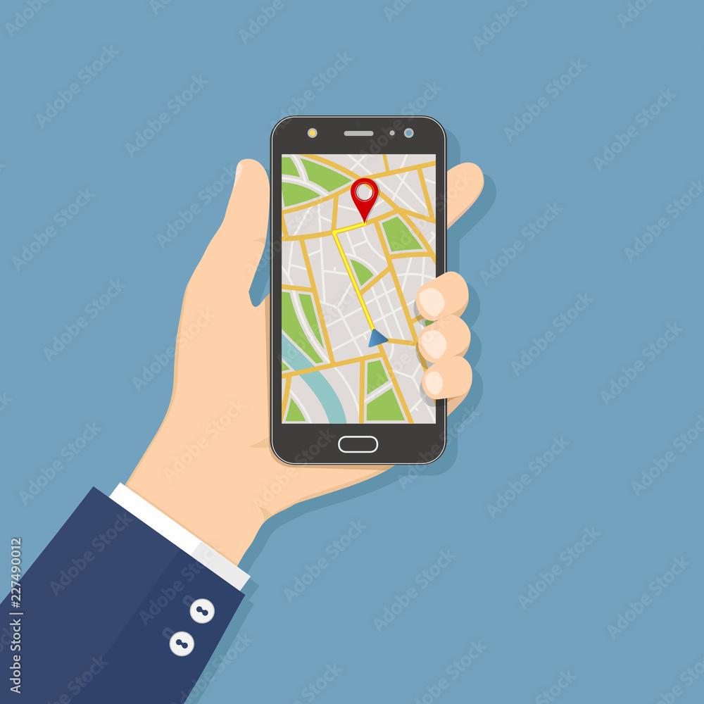 Aufkleber gps navigation flat design concept. hand holding mobile phone with gps navigation map on screen.