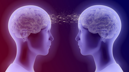 3D rendered illustration of two people communicating by telepathy, connected brains exchanging information 