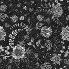 Floral vector seamless pattern. White flowers on the dark grey backdrop. The effect of embroidery on denim