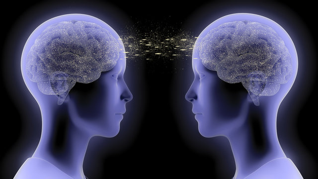 3D rendered illustration of two people communicating by telepathy, exchanging thoughts and information from brain to brain 