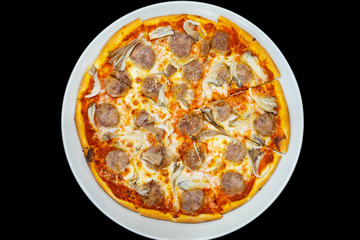 Fresh pizza with tomatoes, cheese and sausage