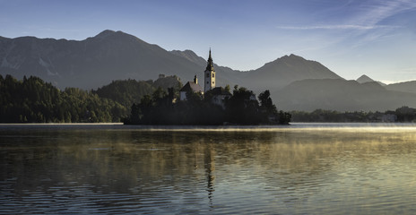 Autumn view of Lake Bled and Pilgrimage Church on the island, Slovenia