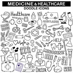 Doodle medicine icon set for your design. Hand drawn Health care, pharmacy, medical cartoon icons collection. Medical symbols. Vector illustrations eps 10. - 227492073