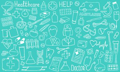 The cutest doodle medicine icon set for your design. Hand drawn Health care, pharmacy, medical cartoon icons collection. Vector illustrations eps 10.