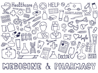 The cutest doodle medicine icon set for your design. Hand drawn Health care, pharmacy, medical cartoon icons collection. Vector illustrations eps 10.